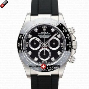 Replica Rolex Cosmograph Daytona White Gold Black Dial with Diamond Marks - Rubber Band