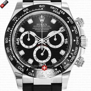 Replica Rolex Cosmograph Daytona White Gold Black Dial with Diamond Marks - Rubber Band