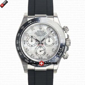 Rolex Cosmograph Daytona White Gold with MOP White Dial Rubber Band with Diamond Marks | Swiss Replica Watch