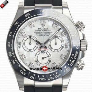 Rolex Cosmograph Daytona White Gold with MOP White Dial Rubber Band with Diamond Marks | Swiss Replica Watch