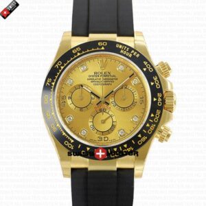 Rolex Cosmograph Daytona Yellow Gold with Gold Dial Diamond Marks Rubber Band | Swiss Replica Watch