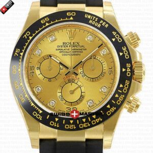 Rolex Cosmograph Daytona Yellow Gold with Gold Dial Diamond Marks Rubber Band | Swiss Replica Watch