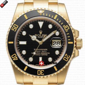 Rolex Submariner 18k Gold Black Dial Ceramic Bezel Diamond Markers | Swiss Replica Watch